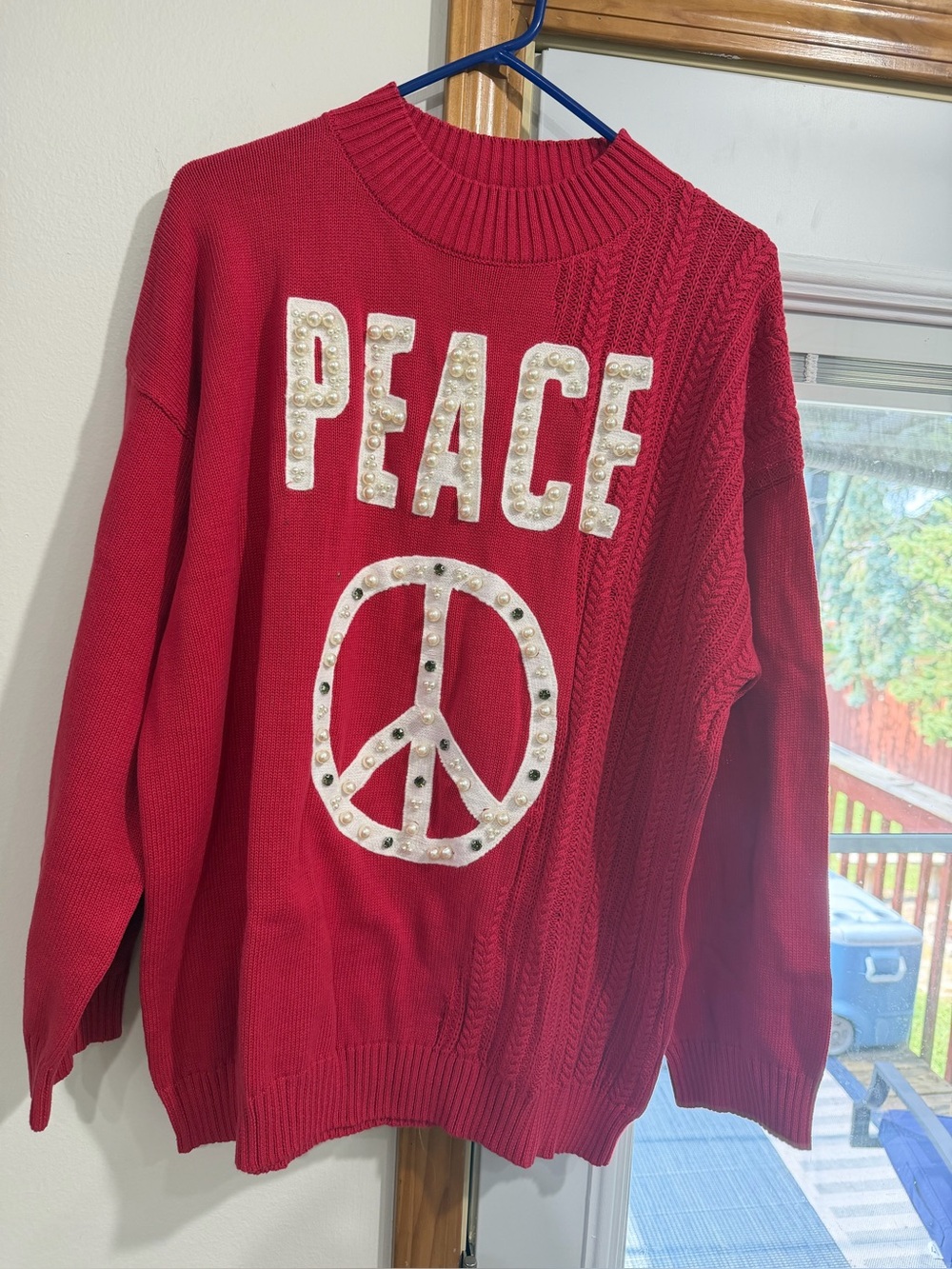 POL Red Knit Sweater with 'PEACE' Pearl Embellishment